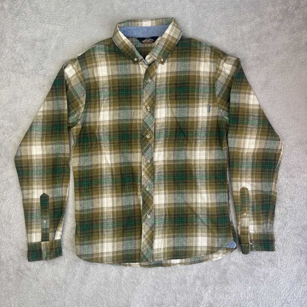 Pacific Trail Flannel Shirt Men Medium Green Cream Plaid Long Sleeve Button Down